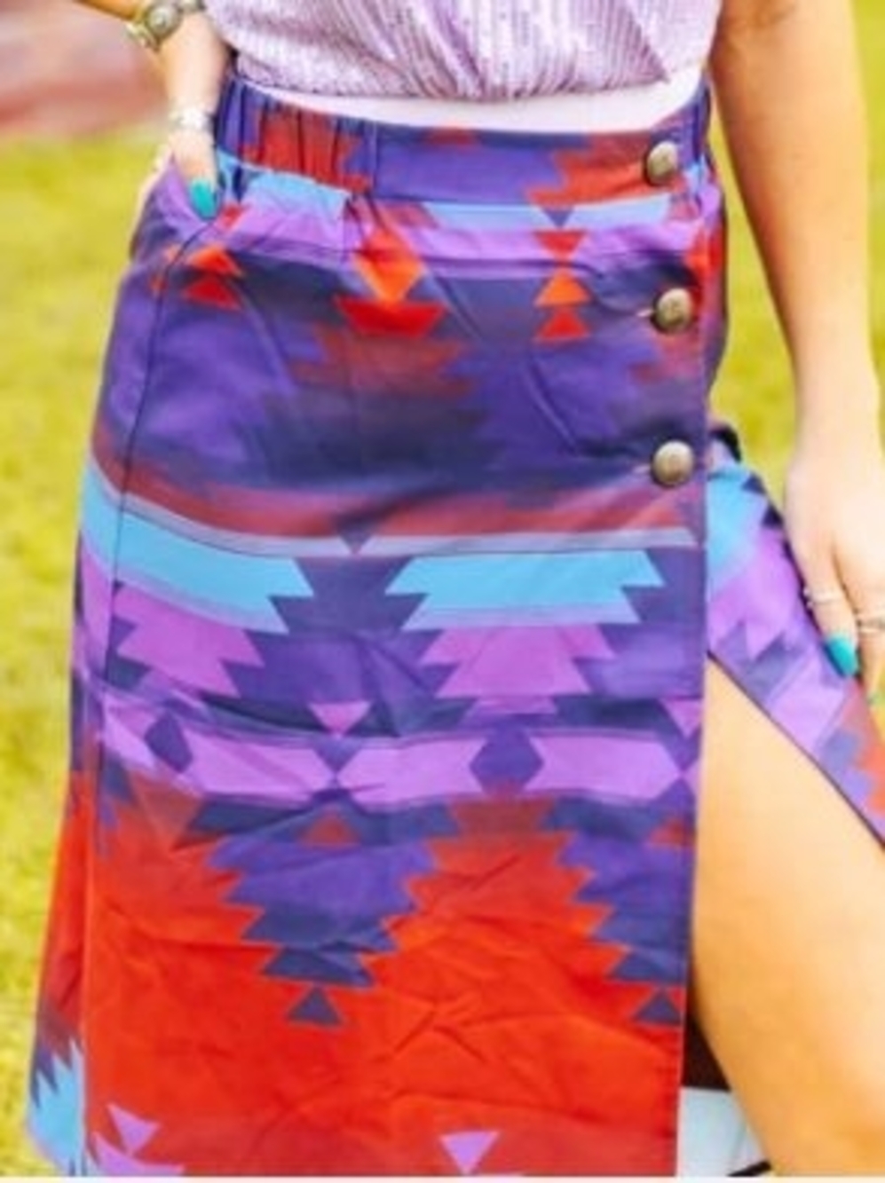 Luck And Blessed Aztec Print Side-Slit Midi Skirt